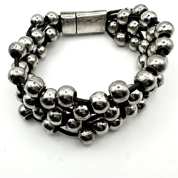 Trades by Haim Shahar Champagne Bubbles Black Leather Bracelet Silver Ball Boho - Picture 11 of 11